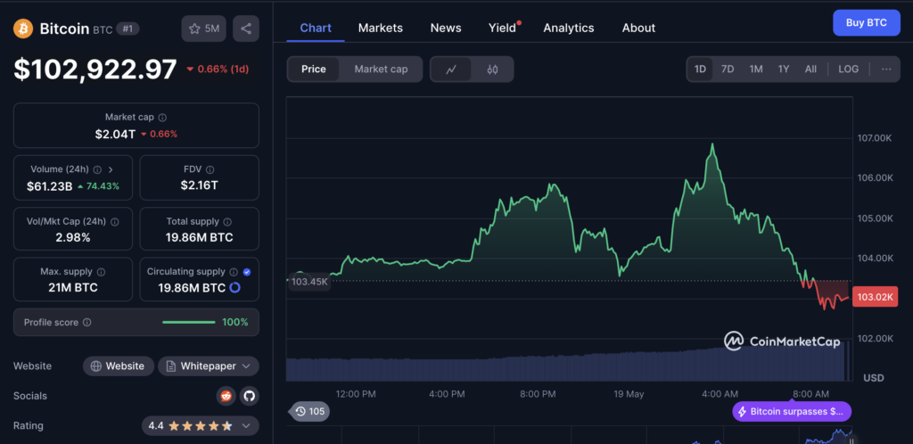 نمودار قیمت و اطلاعات بازار بیت کوین - منبع: CoinMarketCap